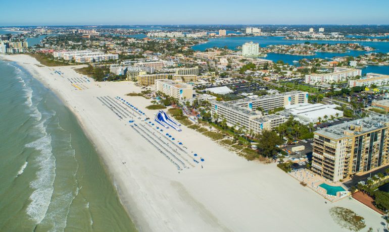 Aerial drone image of hotels and resorts on St Pete Petersburg Beach Florida USA